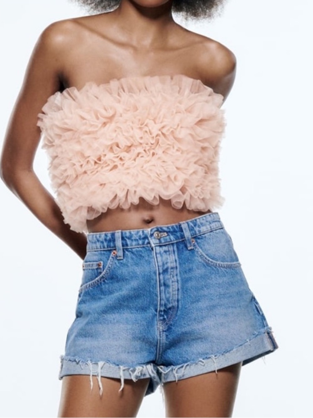 Zara Strapless Ruffled Tulle Crop Top